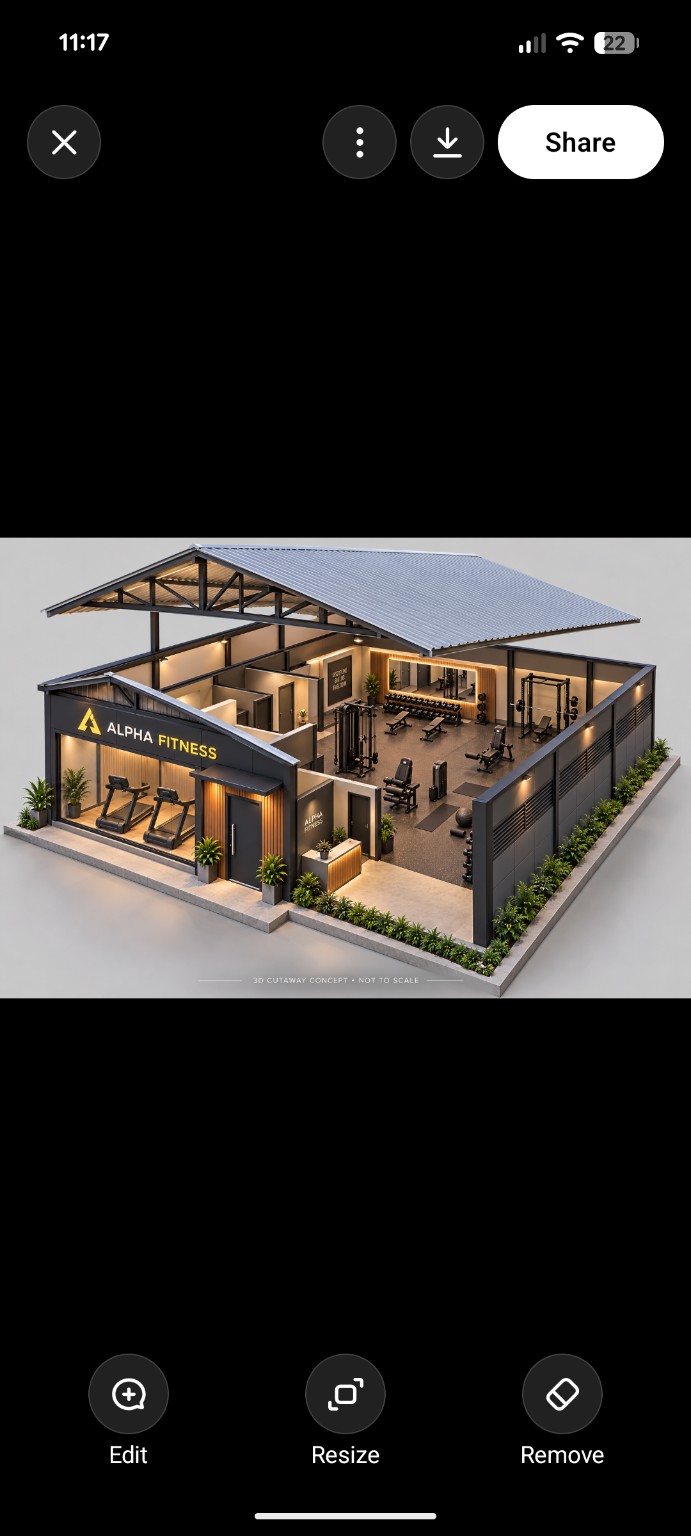 Alpha Fitness architectural cutaway concept with warm lighting, reception, cardio machines and a strength floor